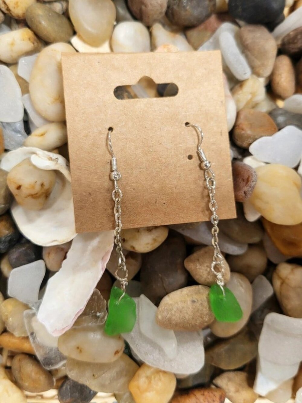 Long Green Sea Glass Drop Earrings - Handmade, Silver Chain